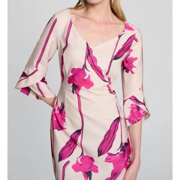 NEW JOSEPH RIBKOFF woven twill floral print sheath dress in light sand/pink - Picture 3 of 3